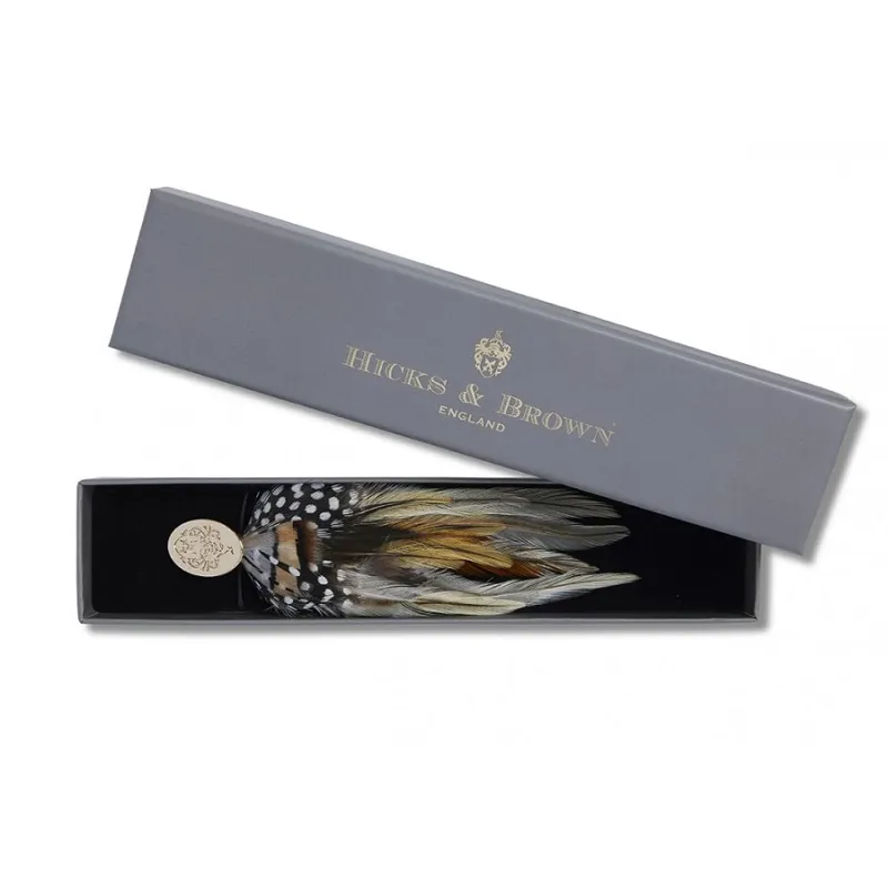 Hicks and Brown Feather Brooch Guinea and Pheasant Feathers Silver pin-1
